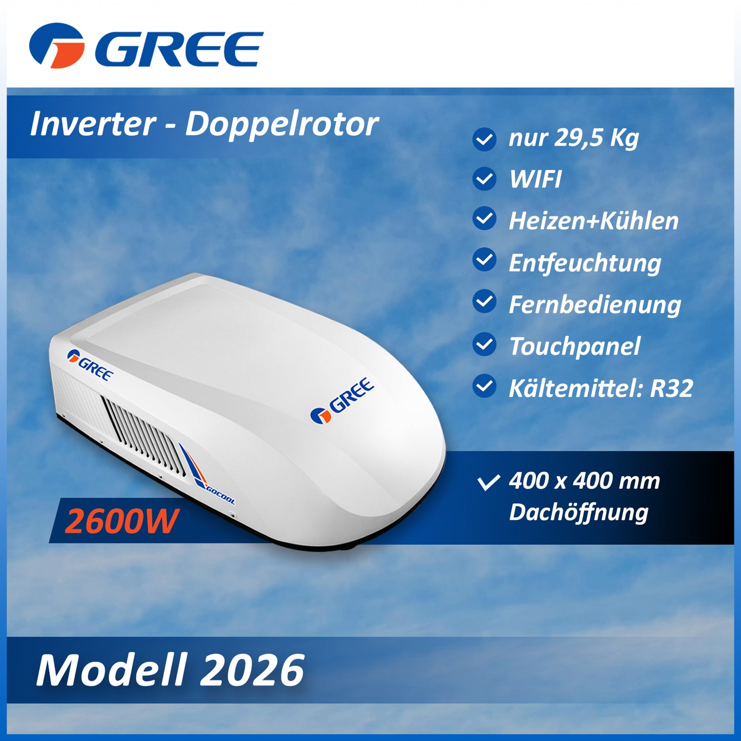 GREE 2600W GoCool Plus Doppelrotor Inverter Dachklimaanlage Wohnmobil WIFI Weiß - Infigoo RV GmbH