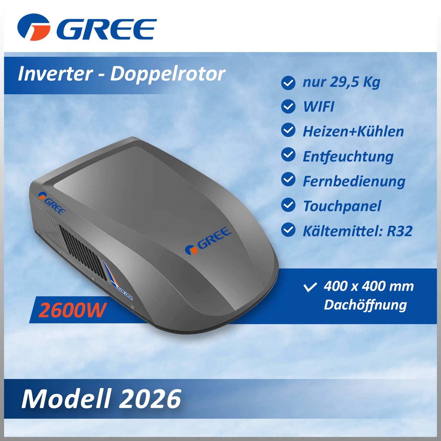 GREE 2600W GoCool Plus Doppelrotor Inverter Dachklimaanlage Wohnmobil Anthrazit - Infigoo RV GmbH