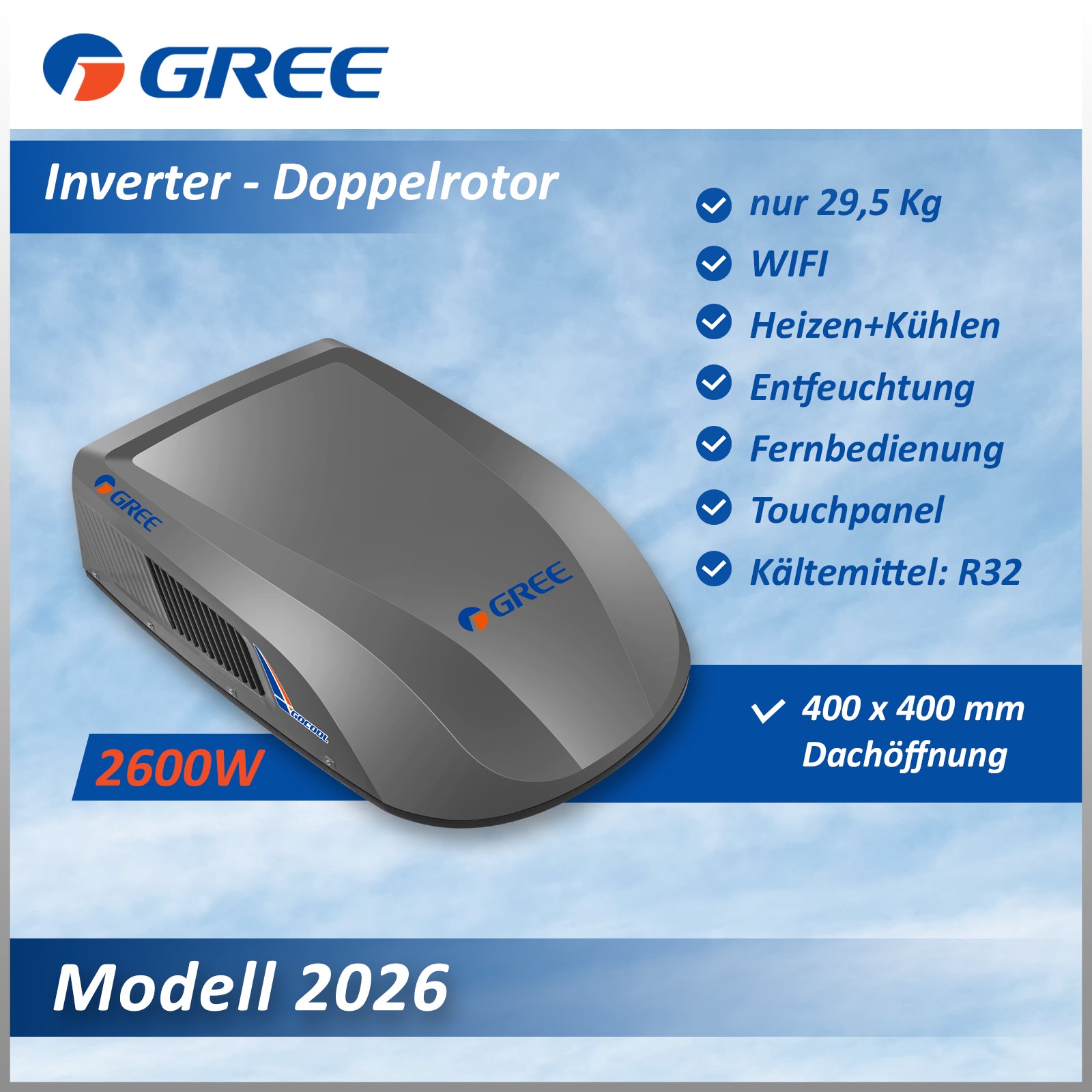 GREE 2600W GoCool Plus Doppelrotor Inverter Dachklimaanlage Wohnmobil Anthrazit - Infigoo RV GmbH