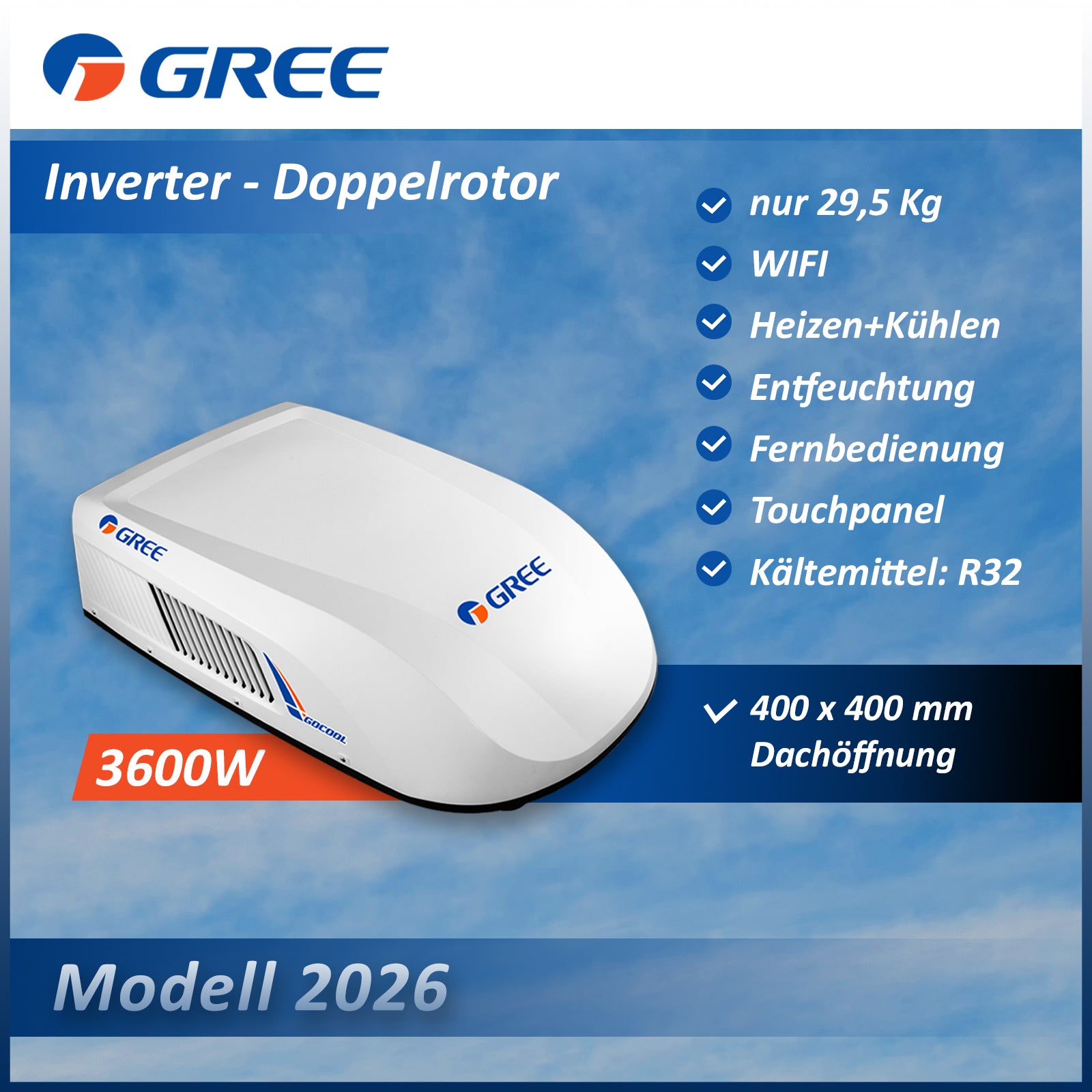 GREE 3600W GoCool Plus Doppelrotor Inverter Dachklimaanlage Wohnmobil ...